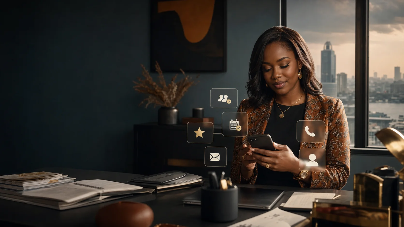 Créatrice ivoirienne utilisant un assistant personnel IA pour organiser ses sollicitations